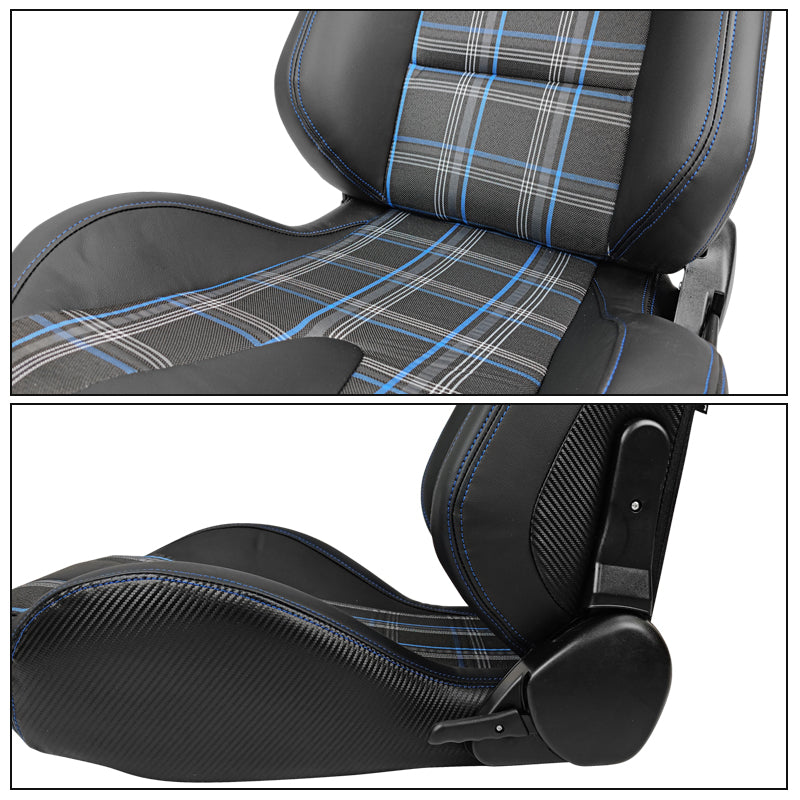 Racing Seat for Universal Blue Plaid with Dual Slider Cam-lock Belt PU Carbon