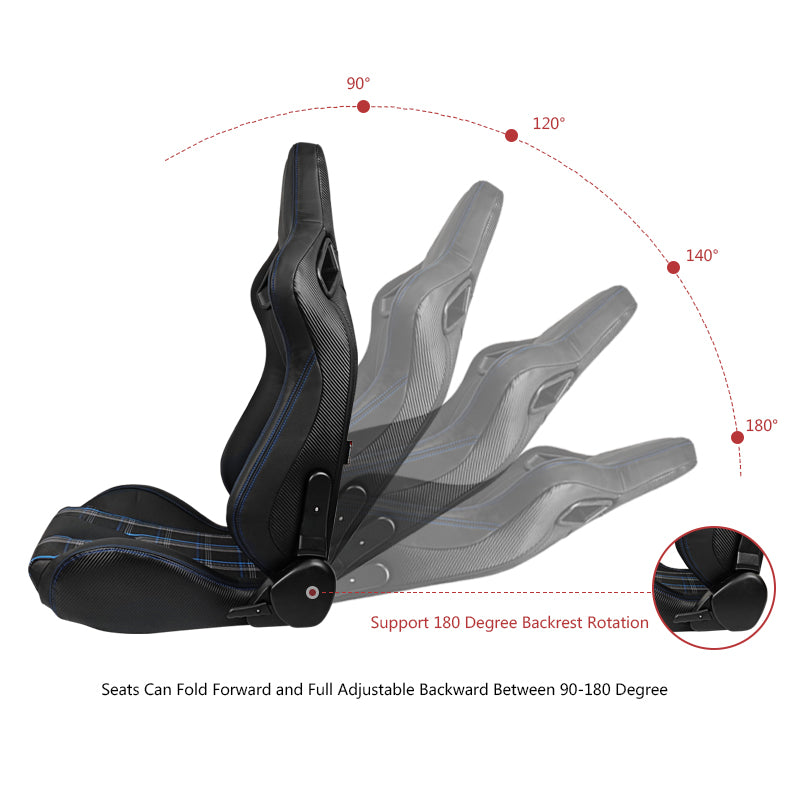 Racing Seat for Universal Blue Plaid with Dual Slider Cam-lock Belt PU Carbon