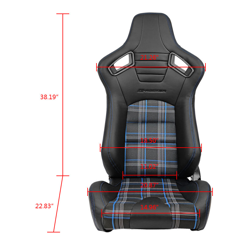 Racing Seat for Universal Blue Plaid with Dual Slider Cam-lock Belt PU Carbon