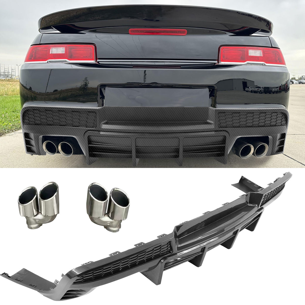 2014-2015 Chevy Camaro Black Rear Diffuser + Quad Exhaust Tips