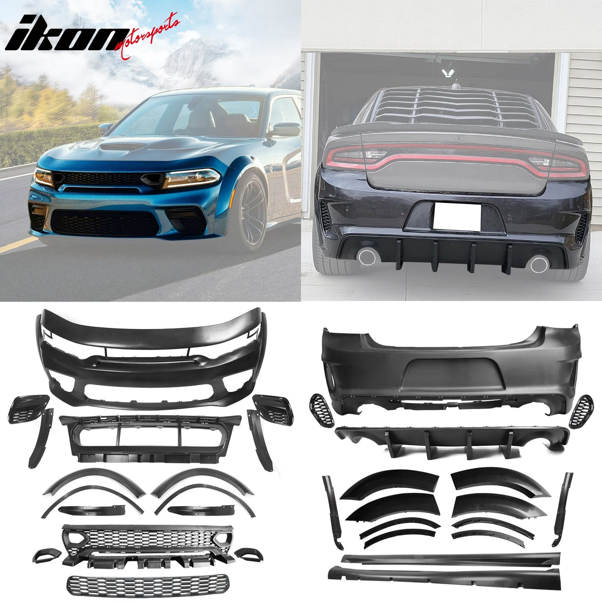 2015-2023 Dodge Charger IKON Matte Black Front Rear Bumper Covers PP