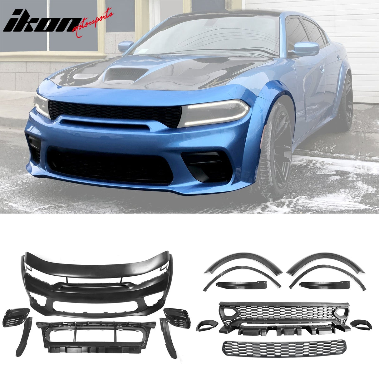 2015-2023 Dodge Charger IKON Gloss Black Front Rear Bumper Covers PP