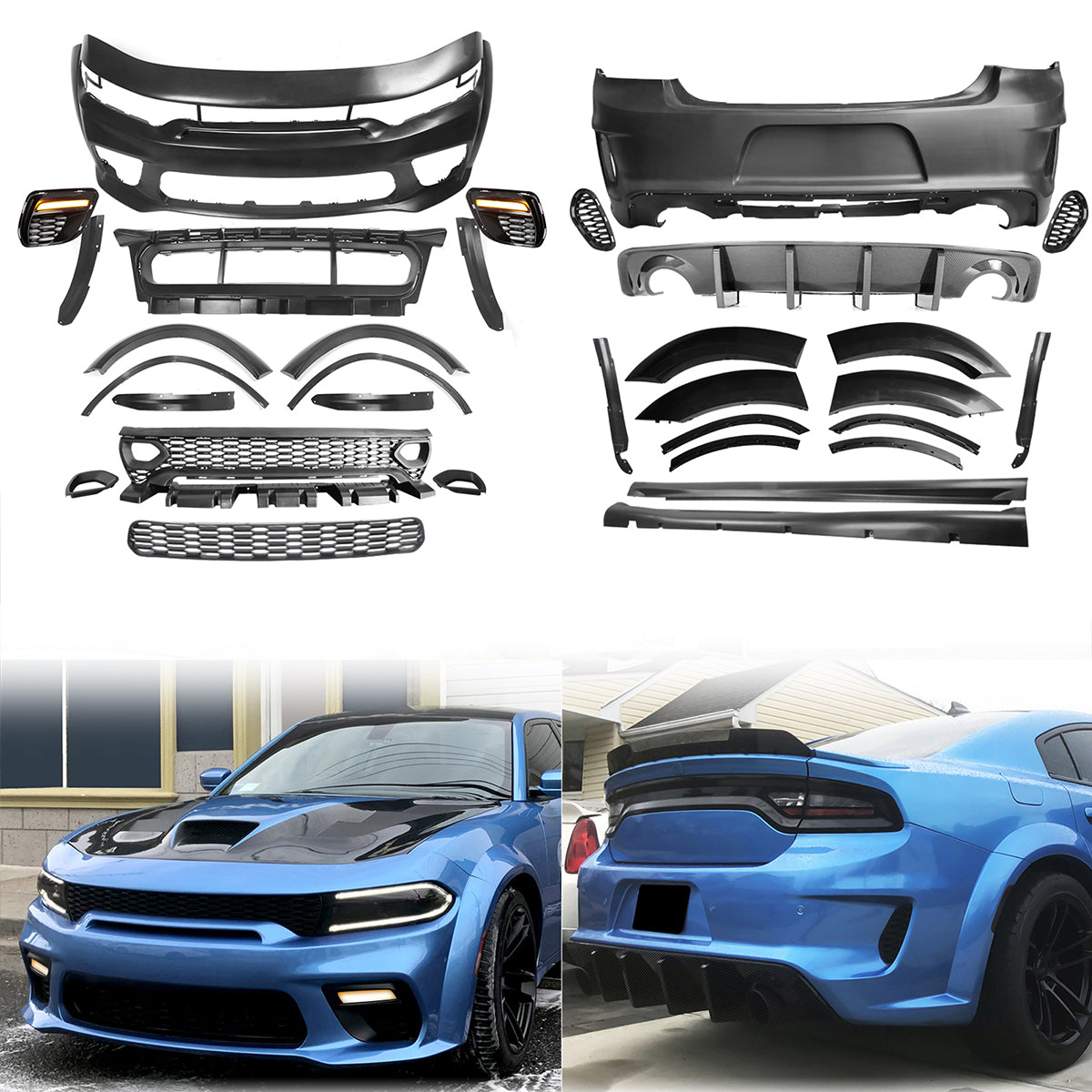 2015-2023 Charger Widebody Rear Bumper Covers W/ SRT Grilles LED ABS