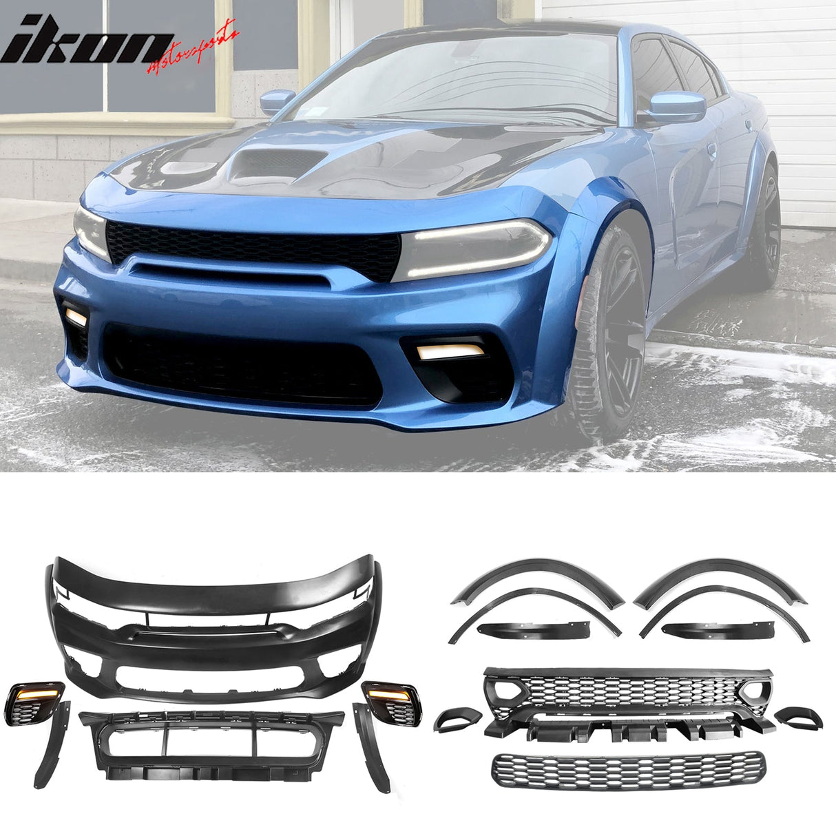 2015-2023 Charger IKON Gloss Black Front Rear Bumper Covers LED PP