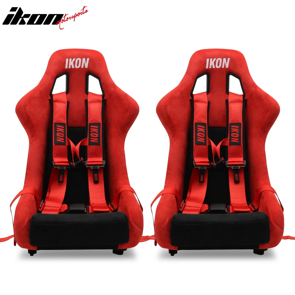 Universal Adjustable Racing Bucket Seats W/4 Point 3" Belt Harness Red