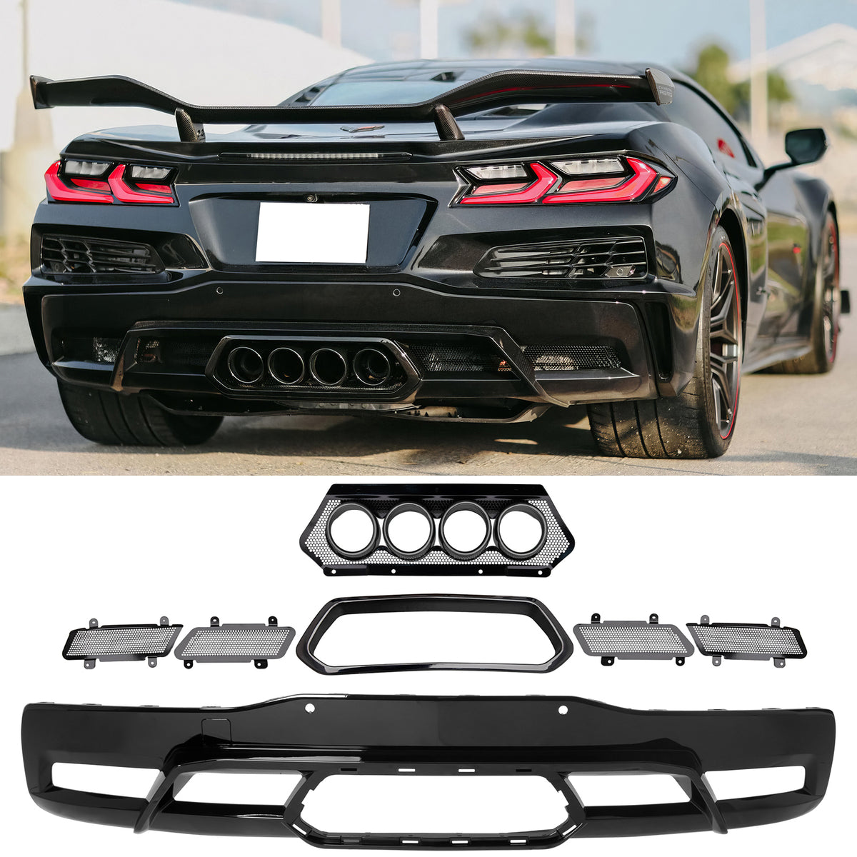 Rear Bumper Lip + Exhaust Tips + Grille for Chevy Corvette C8 2020-2026