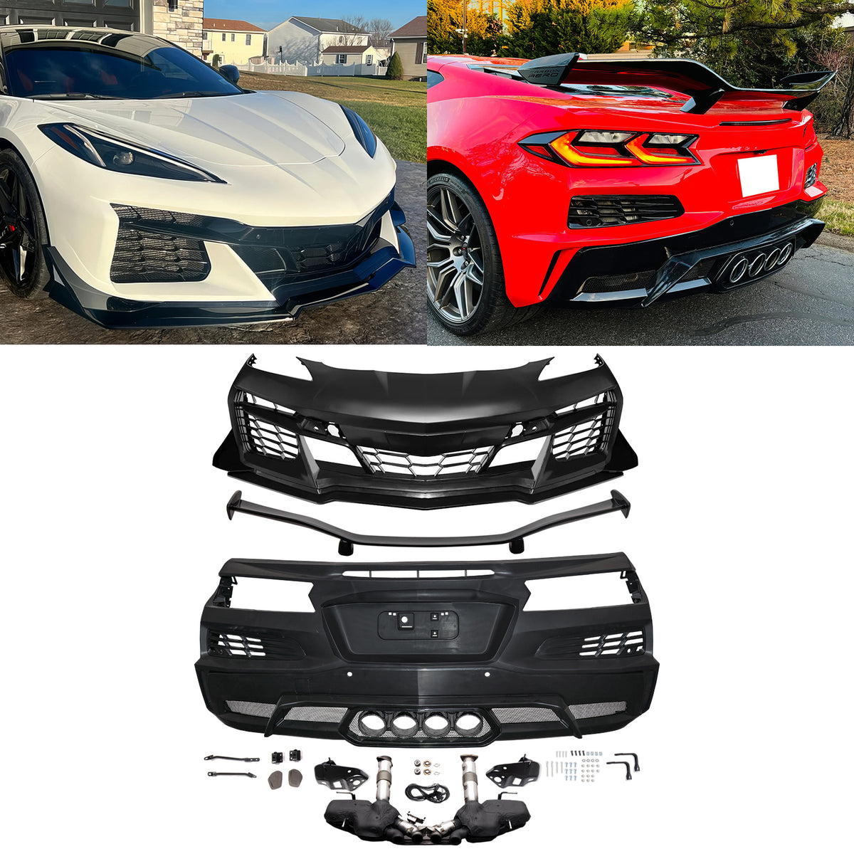 Front Rear Bumpers Silver Exhaust Trunk Spoiler for Corvette C8 2020-2026