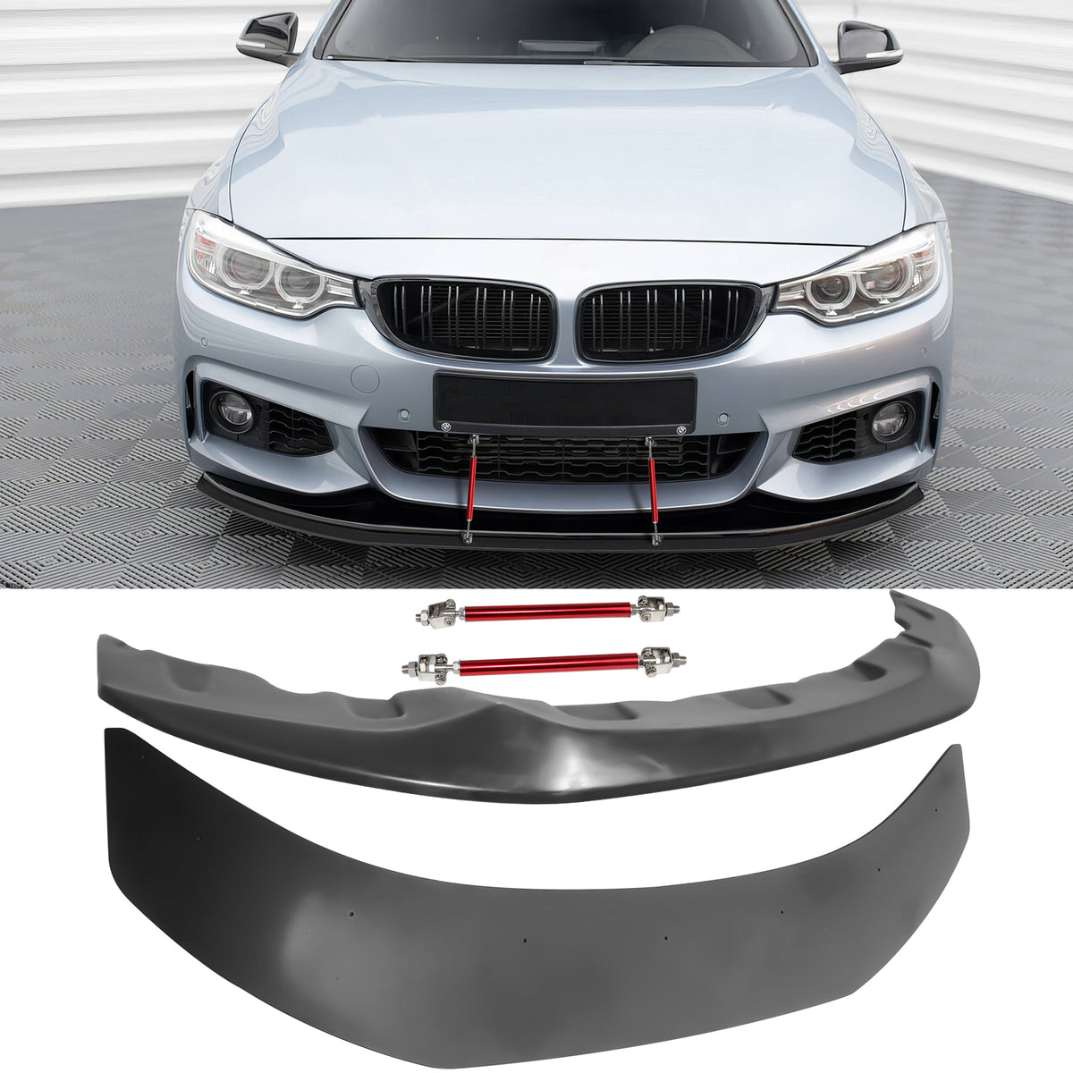 2014-2020 BMW F32 F33 F36 Front Bumper Lip + Splitter + Red Strut Rods