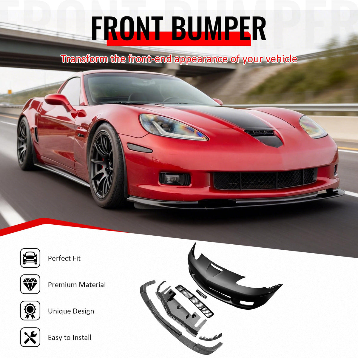 2006-2013 Corvette Z06 Style Front Bumper Cover w/ Carbon Fiber Print Lip