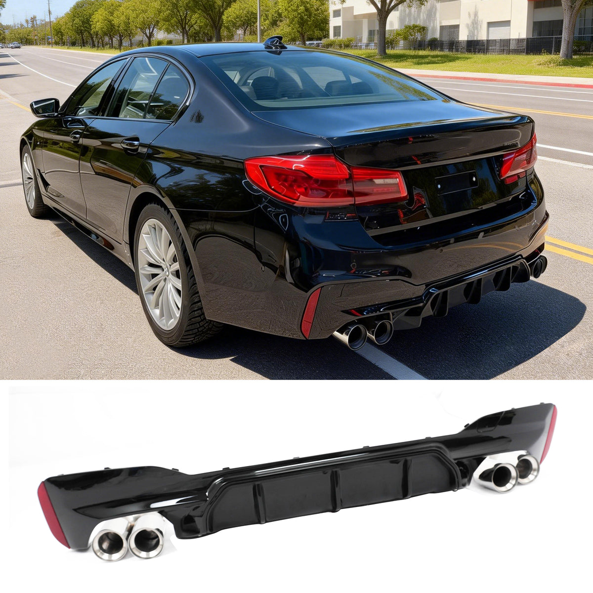 2017-2020 BMW G30 Competition Gloss Black Rear Diffuser Silver Quad Tips