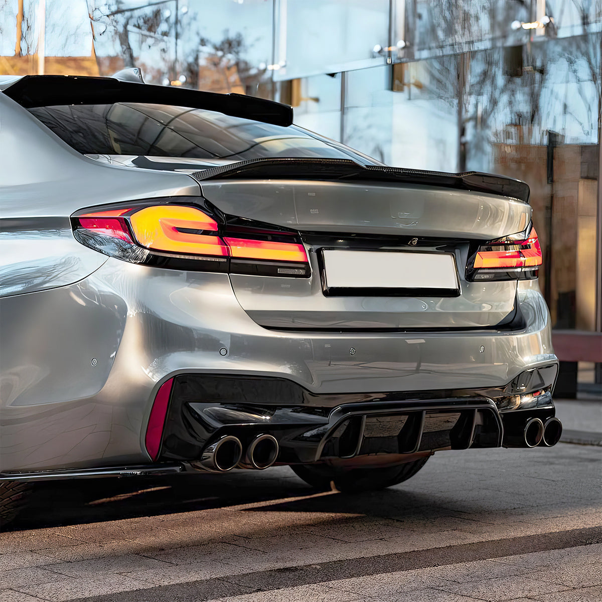 2017-2020 BMW G30 Competition Gloss Black Rear Diffuser Silver Quad Tips