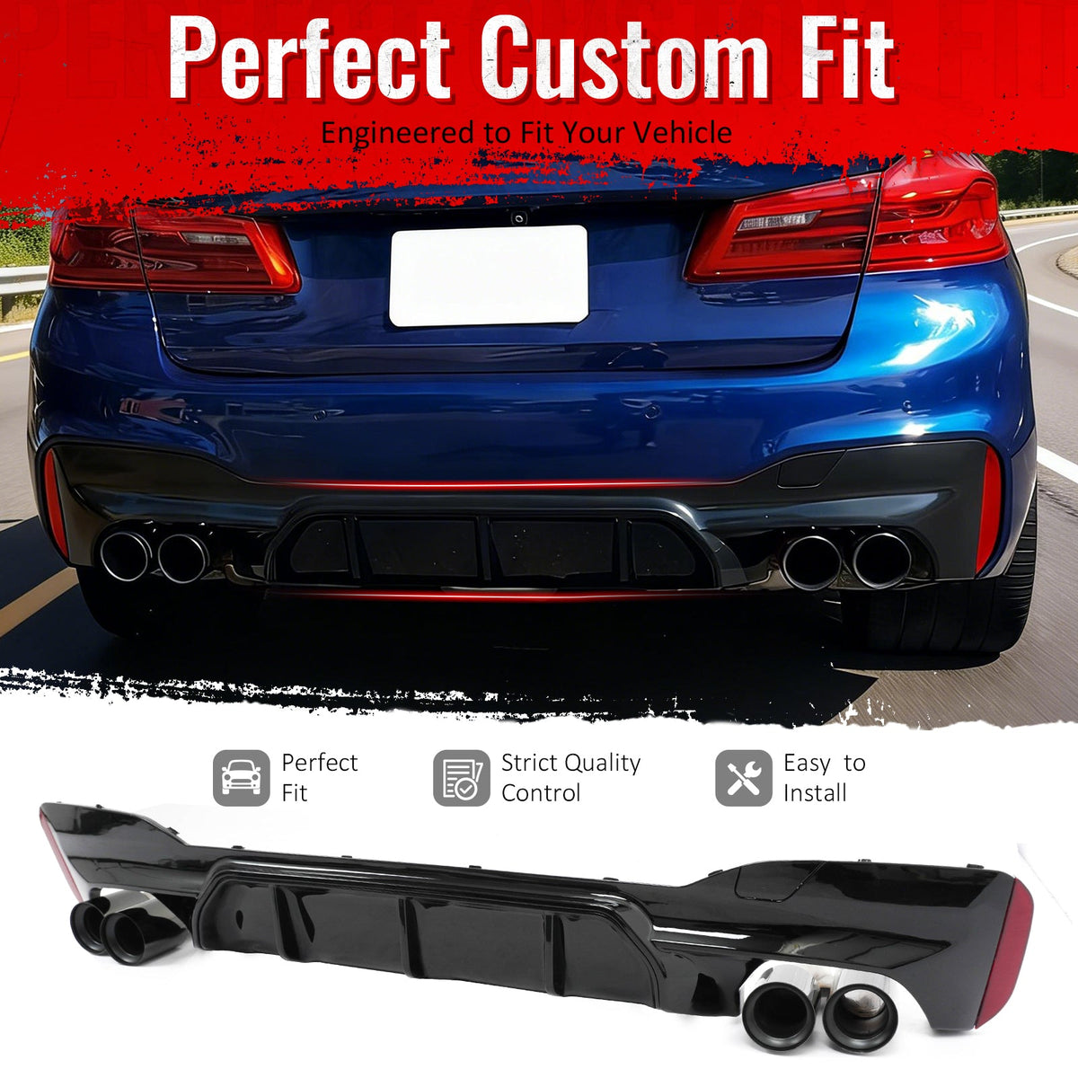2017-2020 BMW G30 Competition Style Gloss Rear Diffuser Black Quad Tips