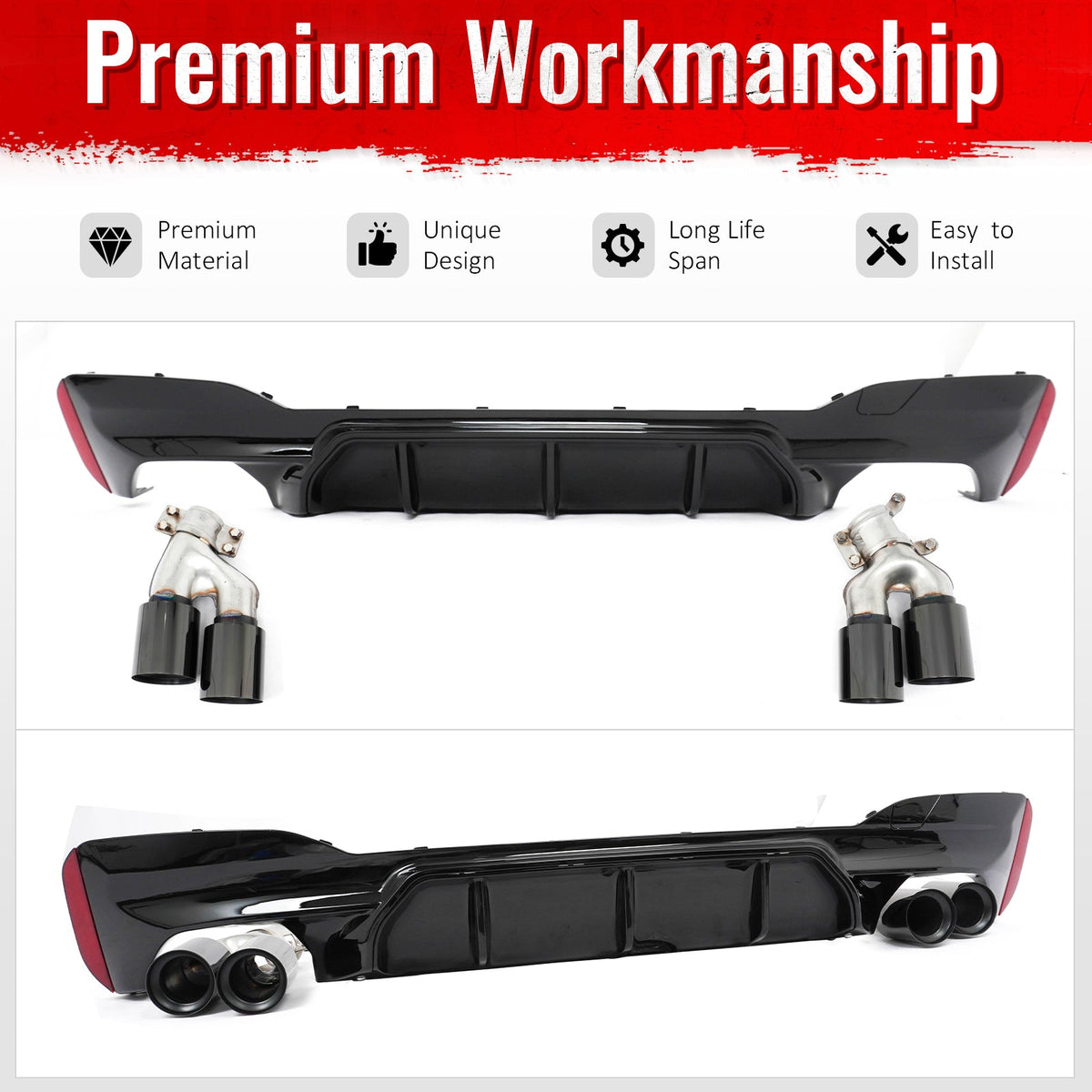2017-2020 BMW G30 Competition Style Gloss Rear Diffuser Black Quad Tips