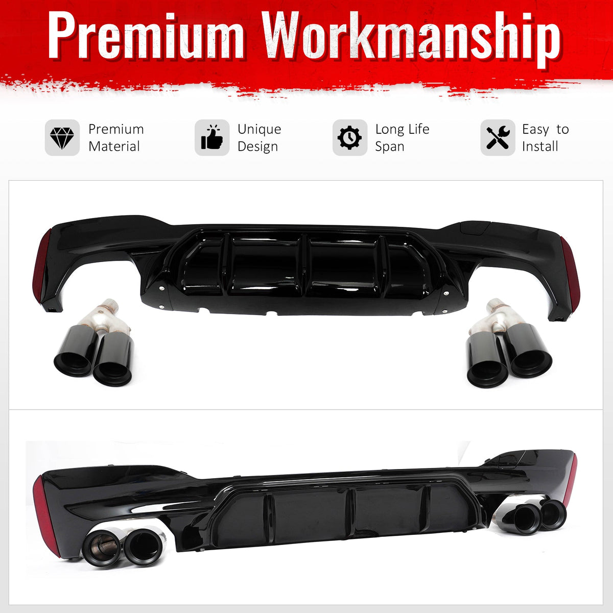 2021-2023 BMW G30 Competition Style Gloss Rear Diffuser Black Quad Tips