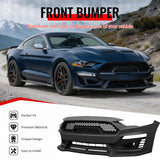 2018-2023 Ford Mustang Shelby Super Snake Style Front Bumper Cover Unpainted Black PP Conversion with Fog Light Cover, Lip and Matte Black Grille