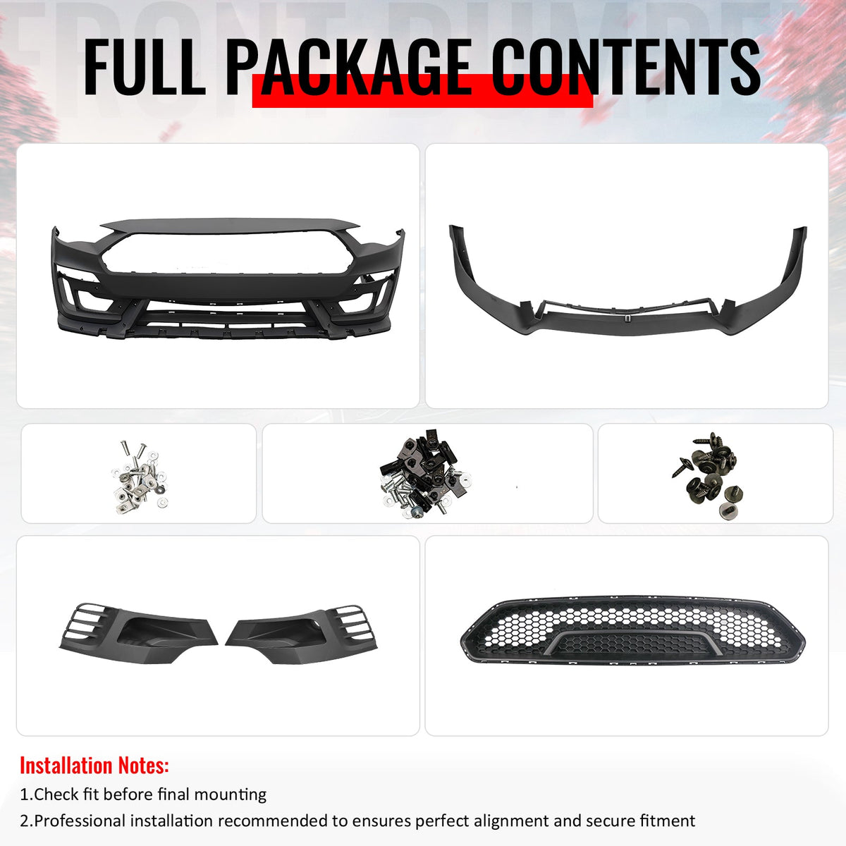 2018-2023 Ford Mustang Shelby Super Snake Style Front Bumper Cover Unpainted Black PP Conversion with Fog Light Cover, Lip and Matte Black Grille