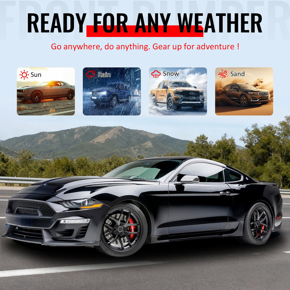 2018-2023 Ford Mustang Shelby Super Snake Style Front Bumper Cover Unpainted Black PP Conversion with Fog Light Cover, Lip and Matte Black Grille