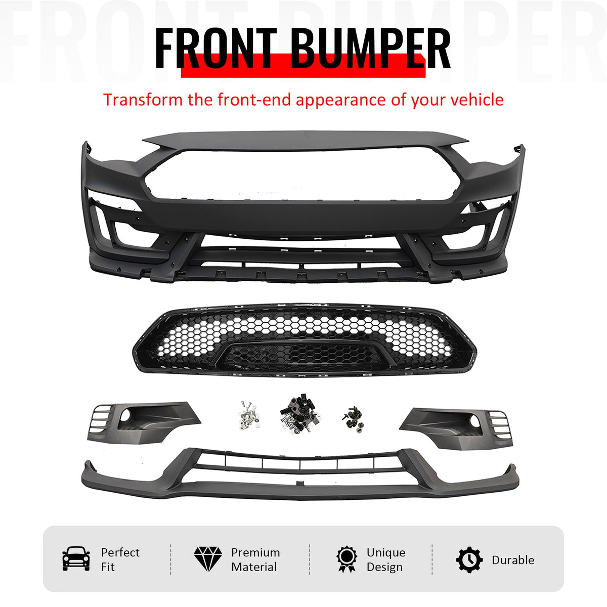 2018-2023 Ford Mustang Shelby Super Snake Style Front Bumper Cover Unpainted Black PP Conversion with Fog Light Cover, Lip and Gloss Black Grille