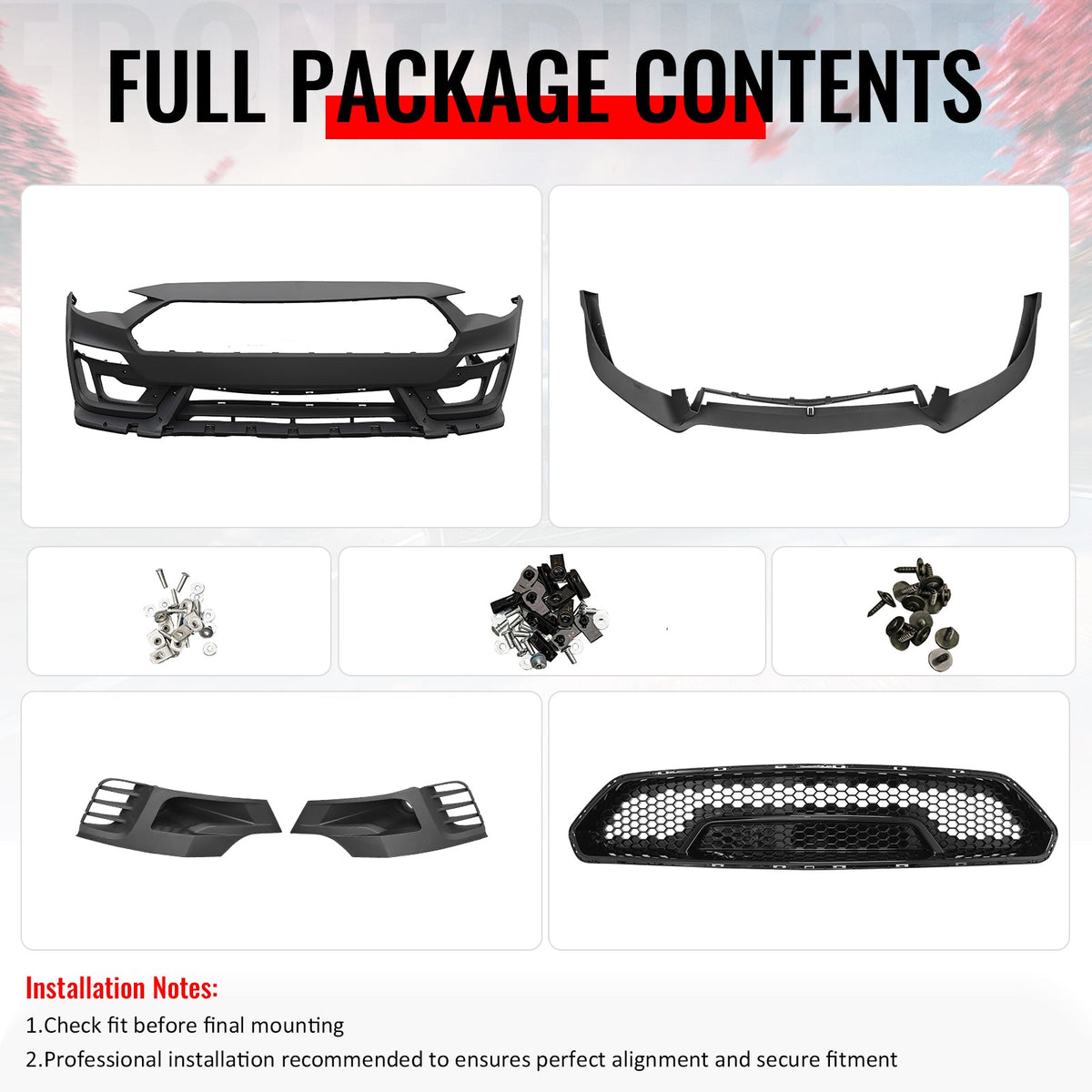 2018-2023 Ford Mustang Shelby Super Snake Style Front Bumper Cover Unpainted Black PP Conversion with Fog Light Cover, Lip and Gloss Black Grille