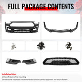 2018-2023 Ford Mustang Shelby Super Snake Style Front Bumper Cover Unpainted Black PP Conversion with Fog Light Cover, Lip and Gloss Black Grille
