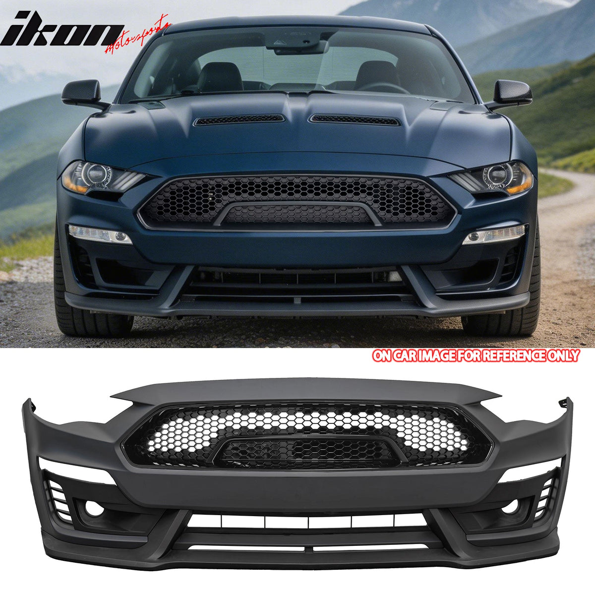 2018-2023 Ford Mustang Shelby Super Snake Style Front Bumper Cover Unpainted Black PP Conversion with Fog Light Cover, Lip and Gloss Black Grille