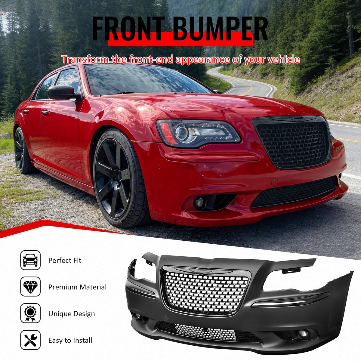 2011-2014 Chrysler 300 SRT8 Style Front Bumper Cover Unpainted Black PP Conversion with Gloss Black Upper Lower Grilles