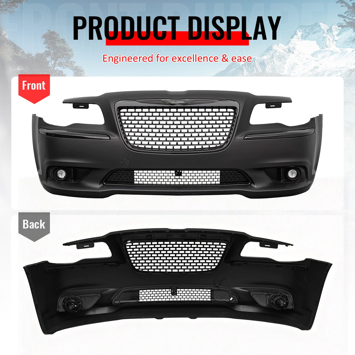 2011-2014 Chrysler 300 SRT8 Style Front Bumper Cover Unpainted Black PP Conversion with Gloss Black Upper Lower Grilles