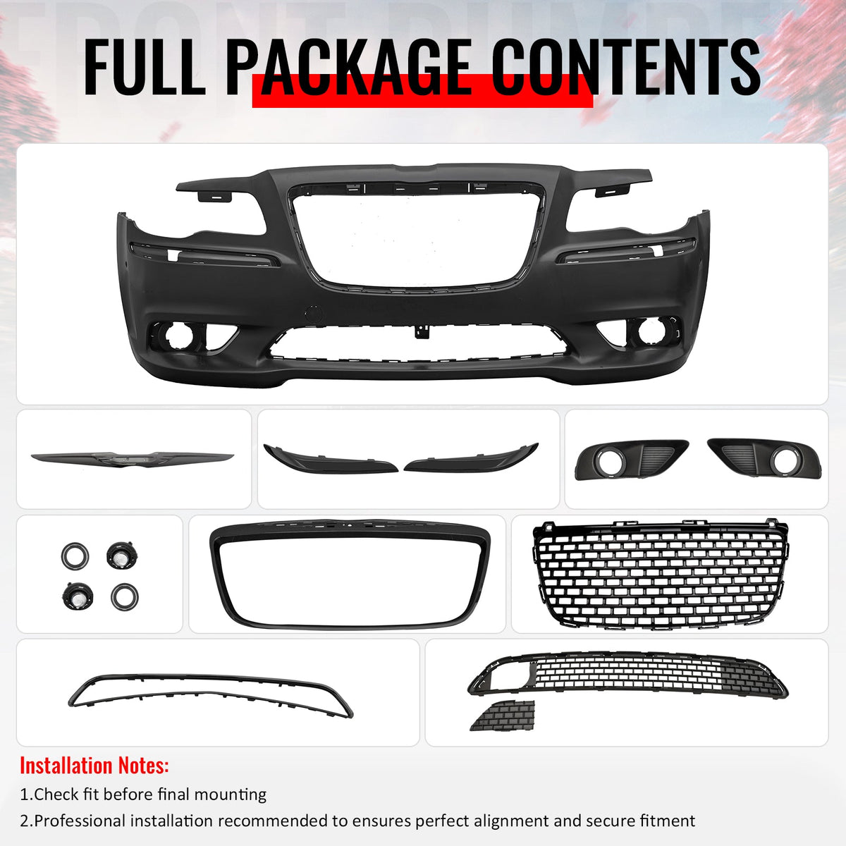 2011-2014 Chrysler 300 SRT8 Style Front Bumper Cover Unpainted Black PP Conversion with Gloss Black Upper Lower Grilles
