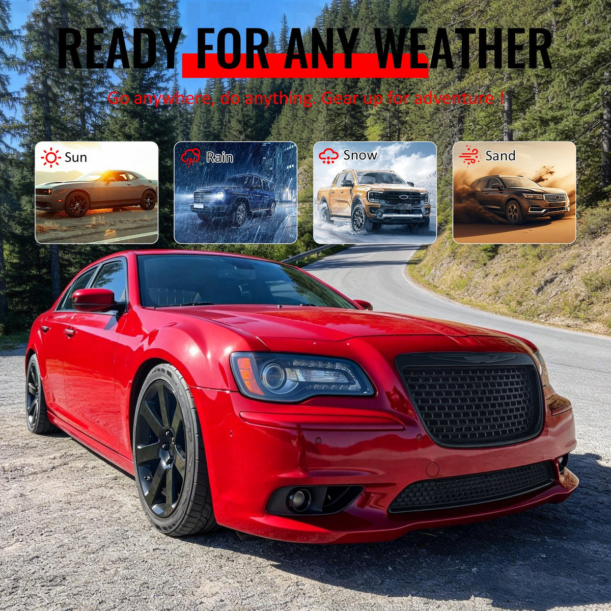 2011-2014 Chrysler 300 SRT8 Style Front Bumper Cover Unpainted Black PP Conversion with Gloss Black Upper Lower Grilles