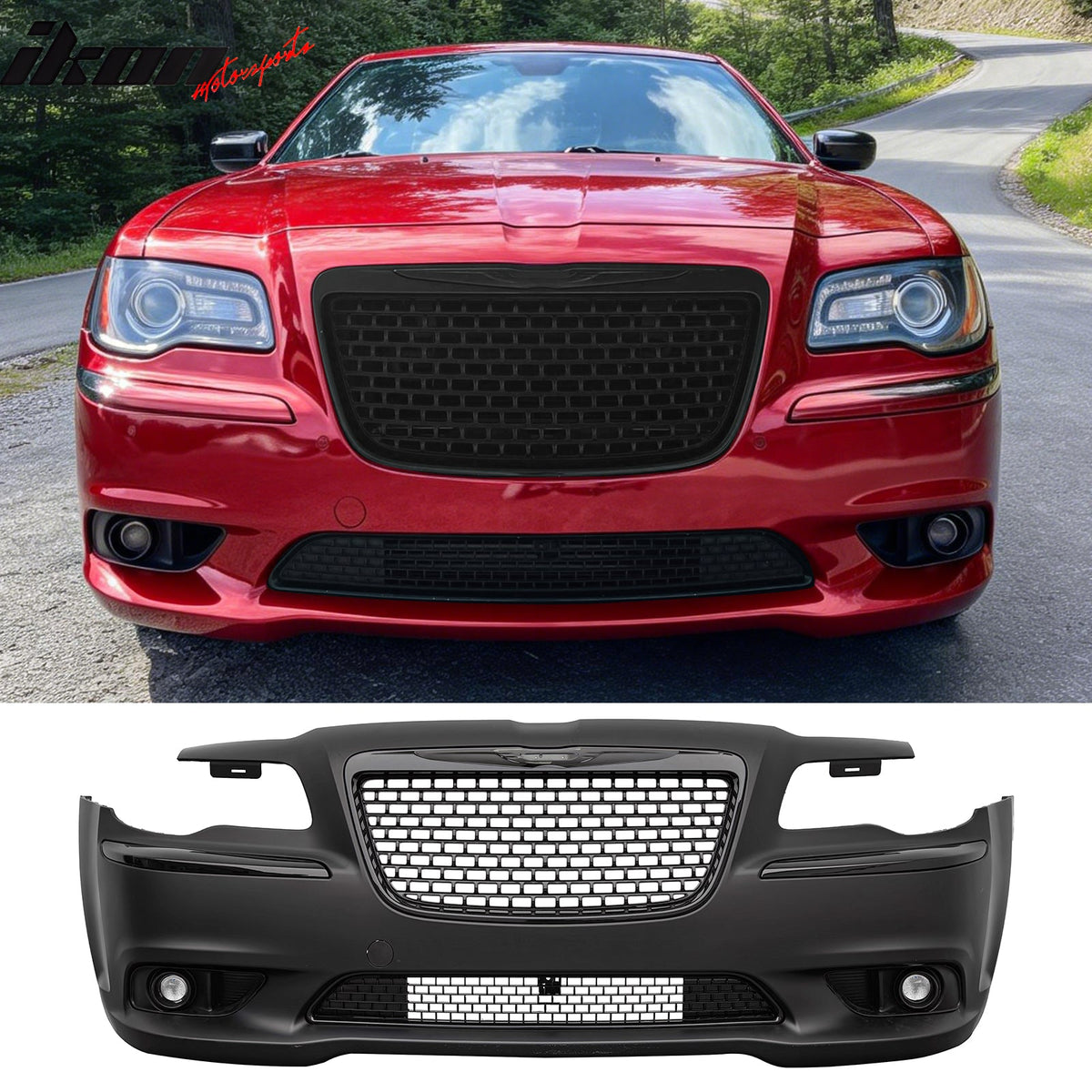 2011-2014 Chrysler 300 SRT8 Style Front Bumper Cover Unpainted Black PP Conversion with Gloss Black Upper Lower Grilles