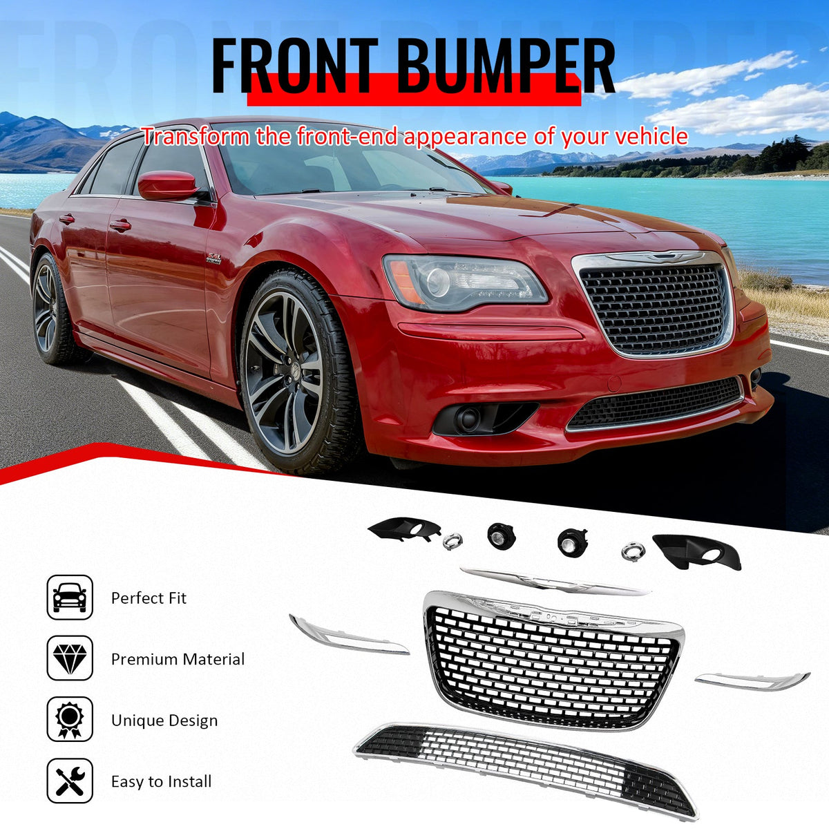2011-2014 Chrysler 300 SRT8 Chrome& Gloss Black Front Bumper Upper Lower Grille ABS w/ Halogen Fog Lights