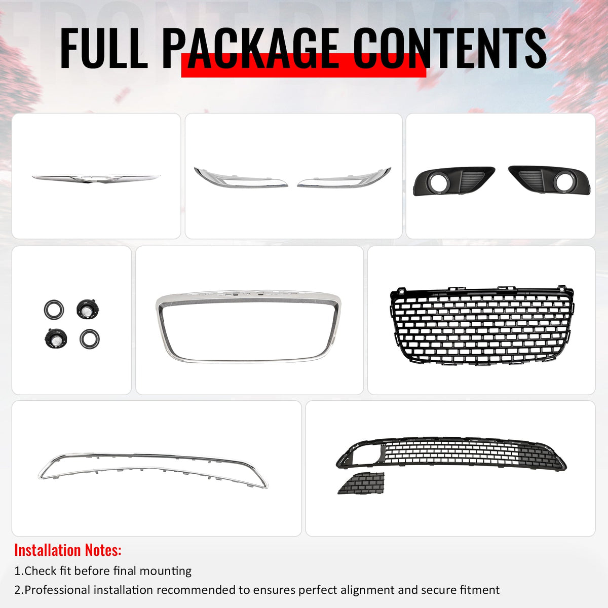 2011-2014 Chrysler 300 SRT8 Chrome& Gloss Black Front Bumper Upper Lower Grille ABS w/ Halogen Fog Lights