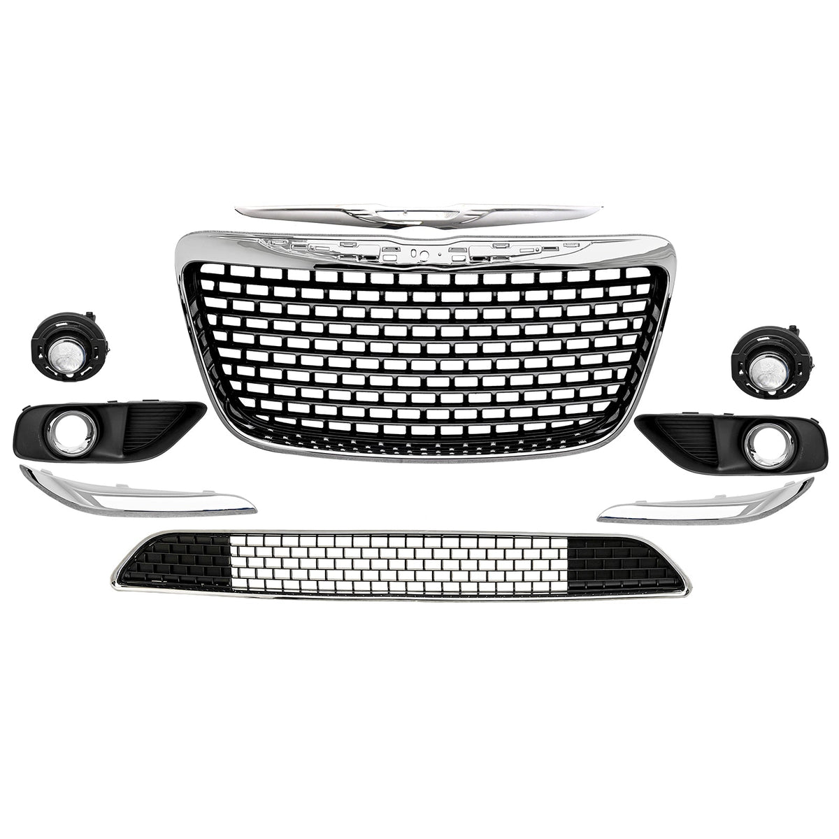 2011-2014 Chrysler 300 SRT8 Chrome& Gloss Black Front Bumper Upper Lower Grille ABS w/ Halogen Fog Lights