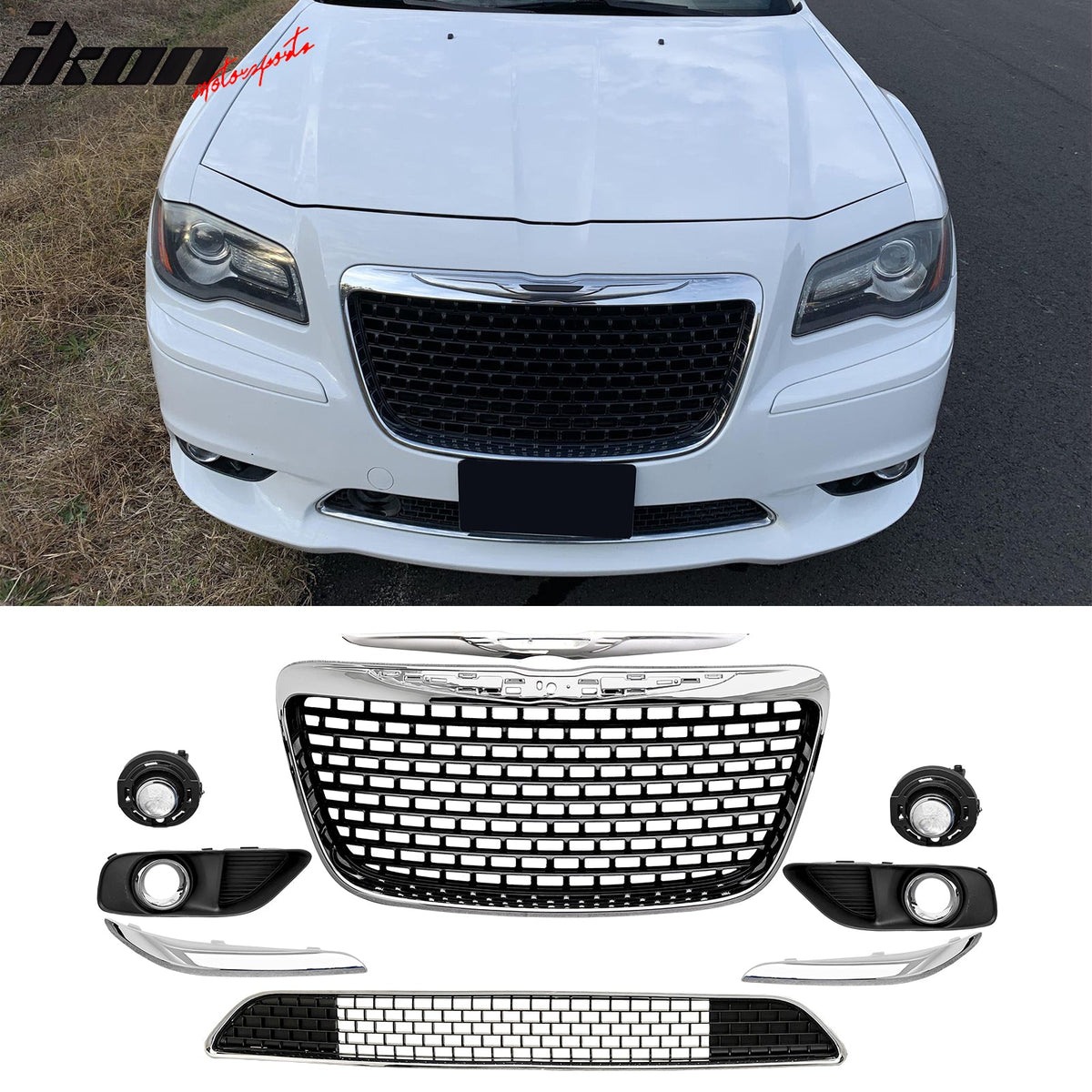 2011-2014 Chrysler 300 SRT8 Chrome& Gloss Black Front Bumper Upper Lower Grille ABS w/ Halogen Fog Lights