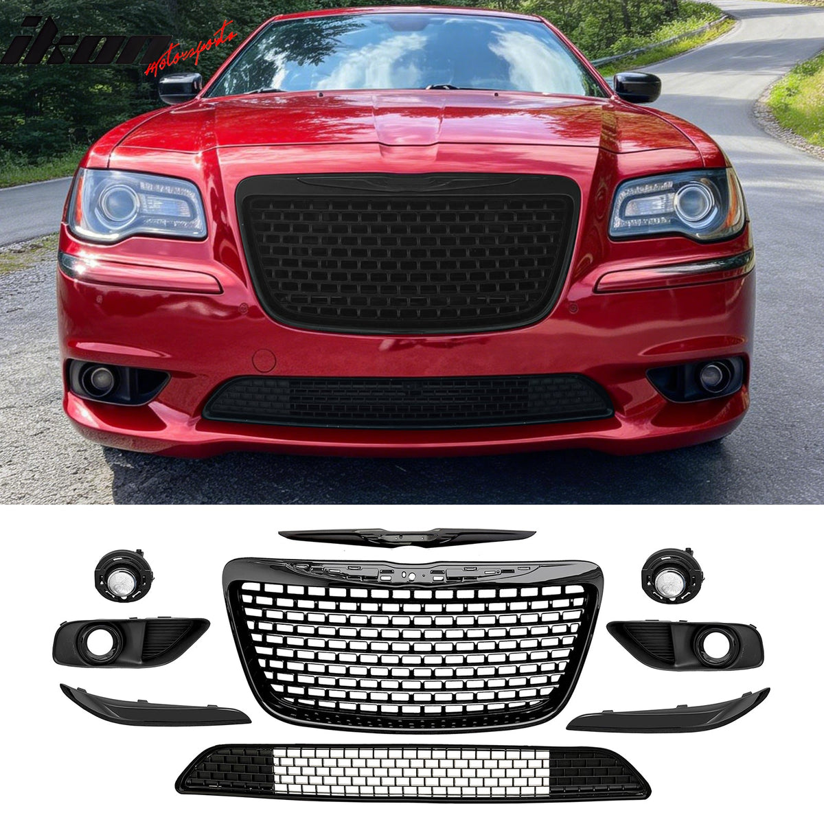2011-2014 Chrysler 300 SRT8 Gloss Black Front Bumper Upper Lower Grille ABS w/ Halogen Fog Lights