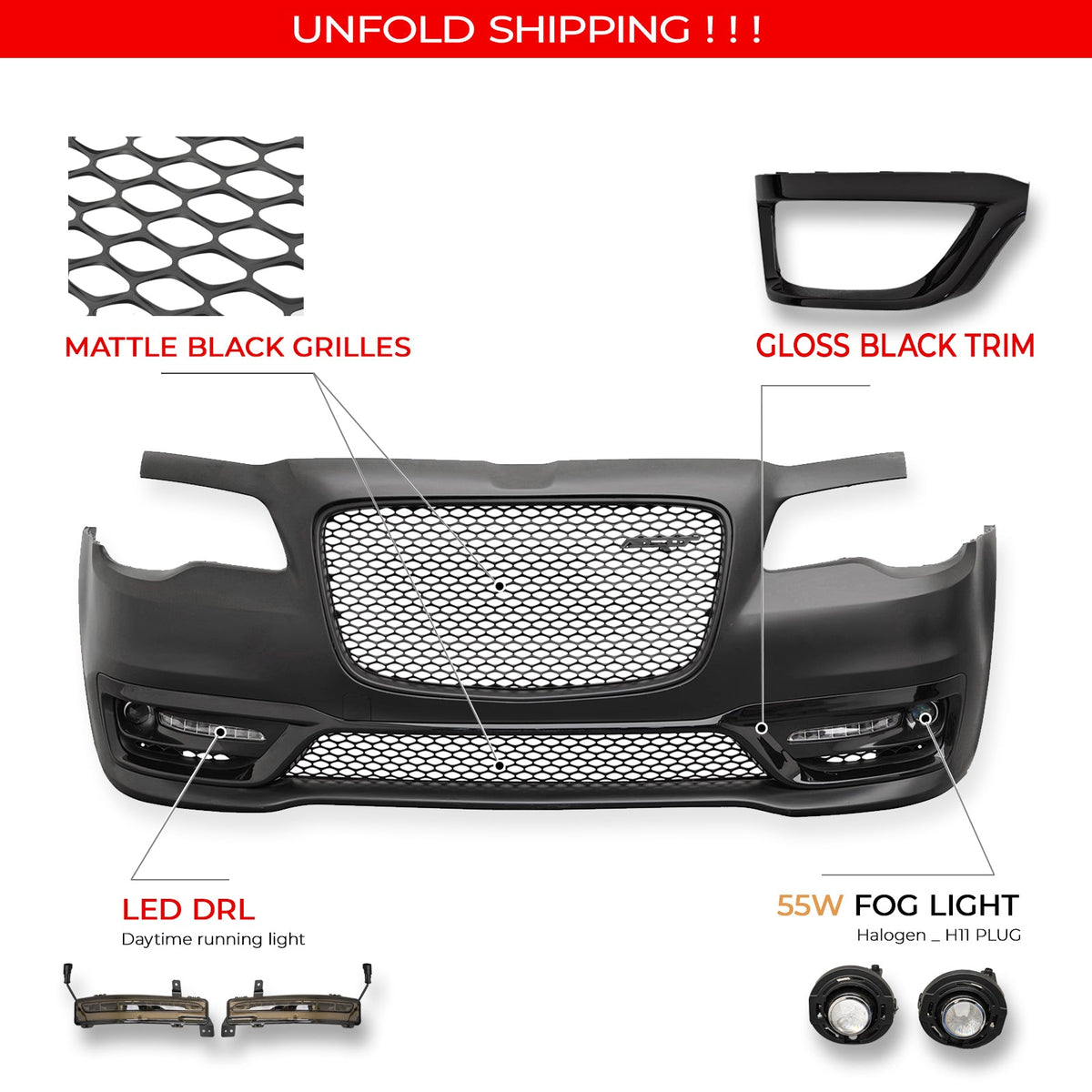 2015-2023 Chrysler 300 SRT Style Front Bumper Cover Unpainted Black PP Replacement Conversion with DRL, Fog Lights and Matte Black Upper Lower Grille
