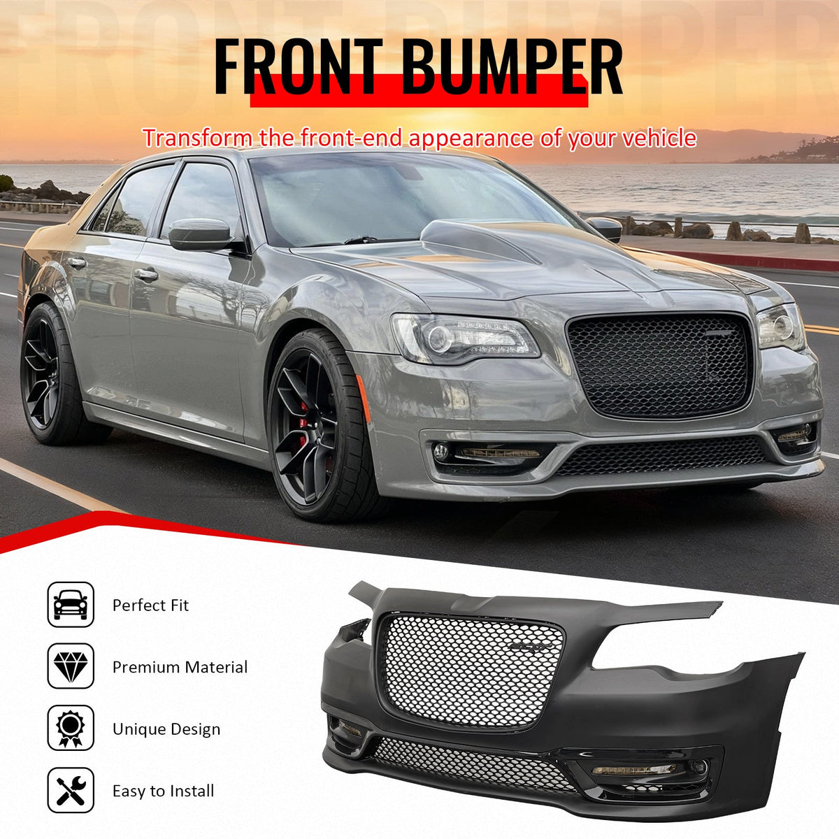 2015-2023 Chrysler 300 SRT Style Front Bumper Cover Unpainted Black PP Replacement Conversion with DRL, Fog Lights and Matte Black Upper Lower Grille