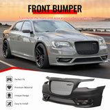 2015-2023 Chrysler 300 SRT Style Front Bumper Cover Unpainted Black PP Replacement Conversion with DRL, Fog Lights and Matte Black Upper Lower Grille