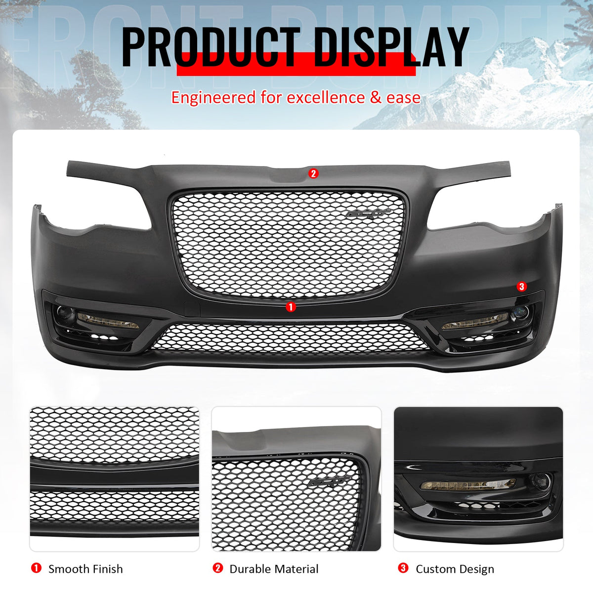 2015-2023 Chrysler 300 SRT Style Front Bumper Cover Unpainted Black PP Replacement Conversion with DRL, Fog Lights and Matte Black Upper Lower Grille
