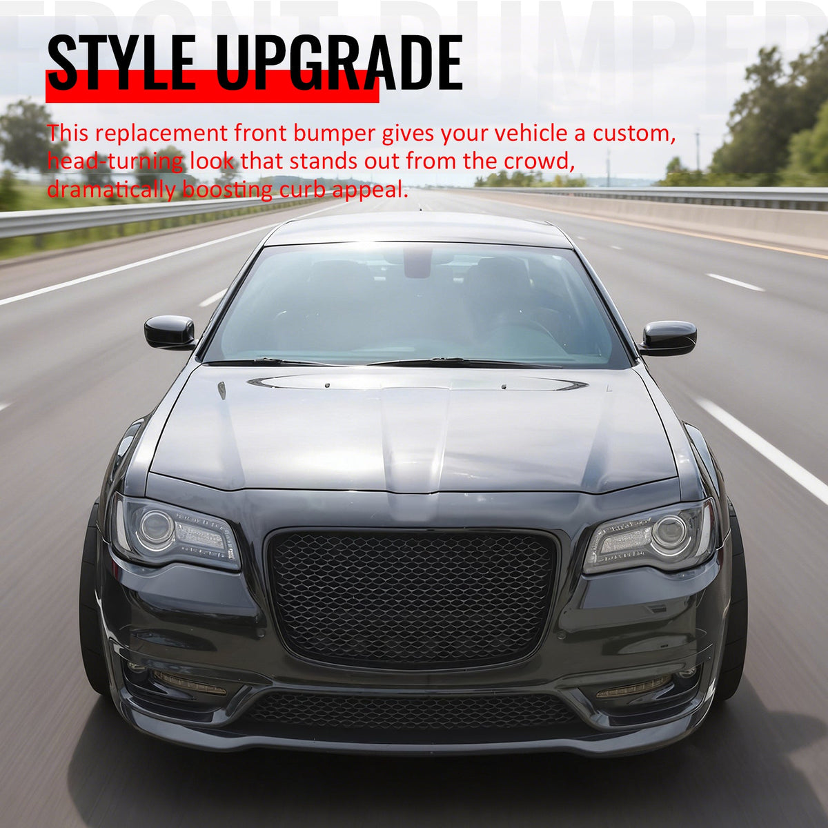 2015-2023 Chrysler 300 SRT Style Front Bumper Cover Unpainted Black PP Replacement Conversion with DRL, Fog Lights and Matte Black Upper Lower Grille