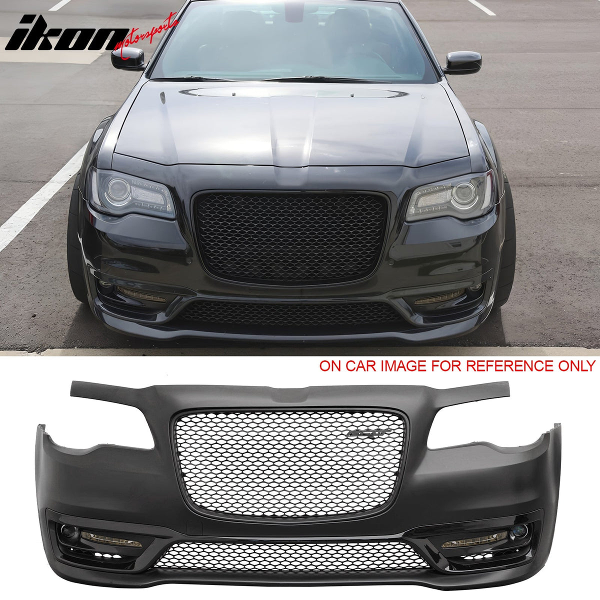 2015-2023 Chrysler 300 SRT Style Front Bumper Cover Unpainted Black PP Replacement Conversion with DRL, Fog Lights and Matte Black Upper Lower Grille