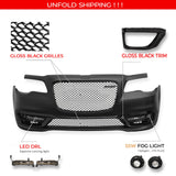 2015-2023 Chrysler 300 SRT Style Front Bumper Cover Unpainted Black PP Replacement Conversion with DRL, Fog Lights and Gloss Black Upper Lower Grille