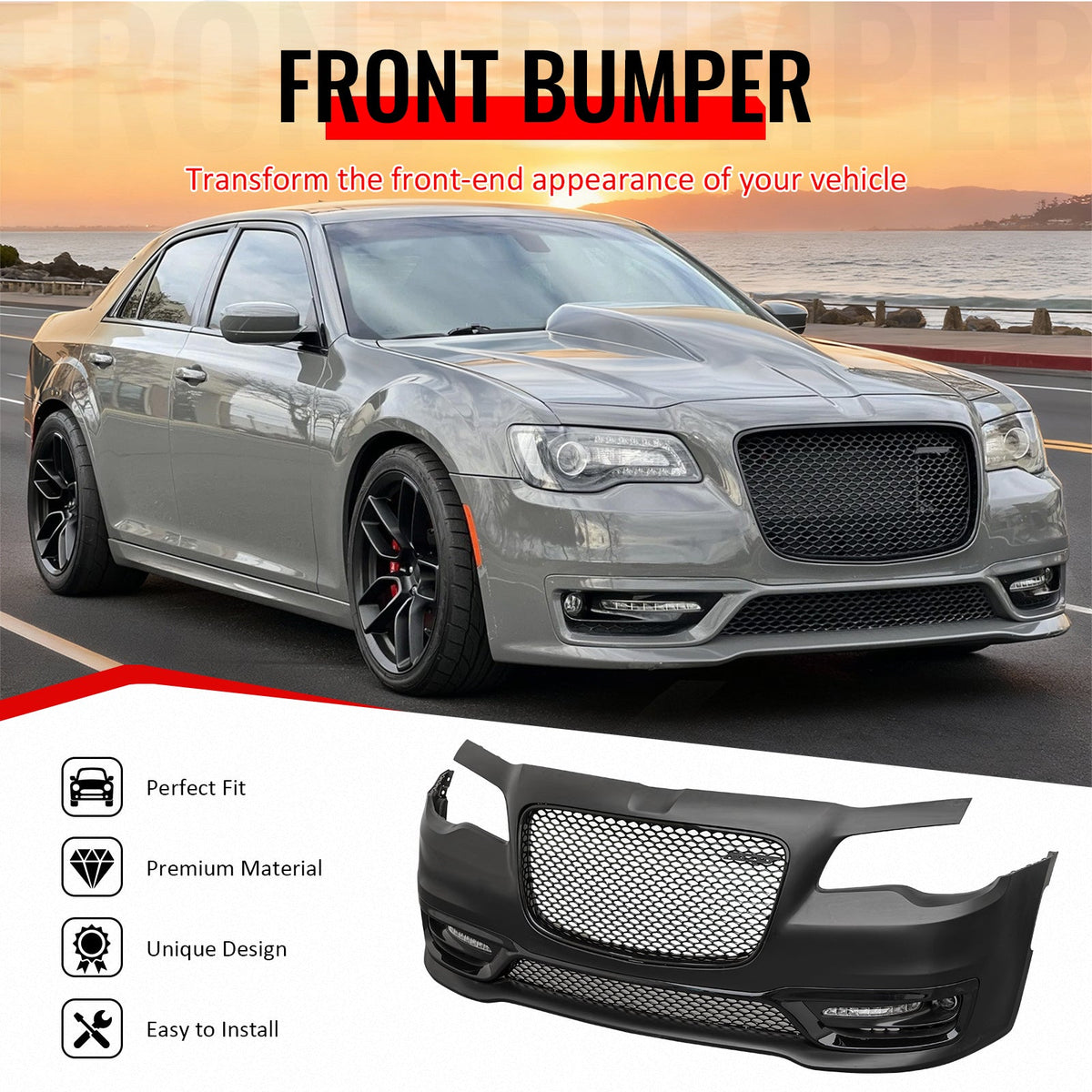 2015-2023 Chrysler 300 SRT Style Front Bumper Cover Unpainted Black PP Replacement Conversion with DRL, Fog Lights and Gloss Black Upper Lower Grille