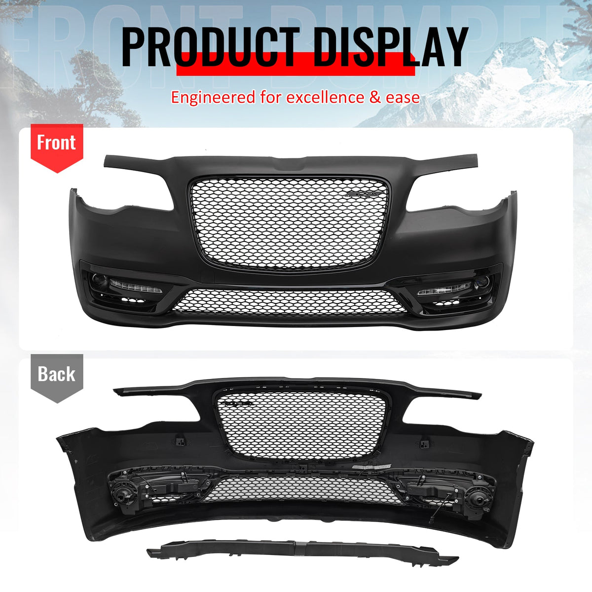 2015-2023 Chrysler 300 SRT Style Front Bumper Cover Unpainted Black PP Replacement Conversion with DRL, Fog Lights and Gloss Black Upper Lower Grille