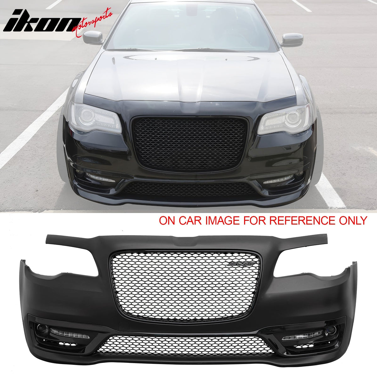2015-2023 Chrysler 300 SRT Style Front Bumper Cover Unpainted Black PP Replacement Conversion with DRL, Fog Lights and Gloss Black Upper Lower Grille