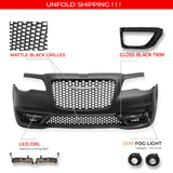 2015-2023 Chrysler 300 Sport Style Front Bumper Cover Unpainted Black PP Replacement Conversion with DRL, Fog Light and Matte Black Upper Lower Grille