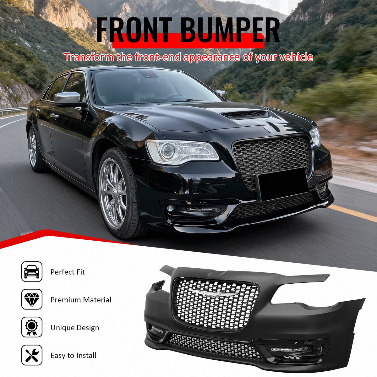2015-2023 Chrysler 300 Sport Style Front Bumper Cover Unpainted Black PP Replacement Conversion with DRL, Fog Light and Matte Black Upper Lower Grille