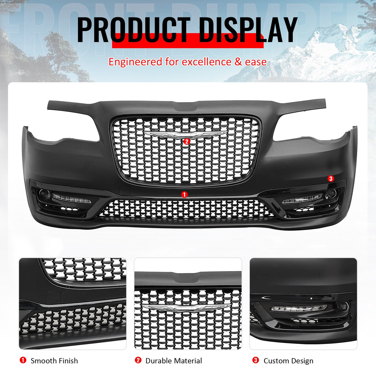 2015-2023 Chrysler 300 Sport Style Front Bumper Cover Unpainted Black PP Replacement Conversion with DRL, Fog Light and Matte Black Upper Lower Grille