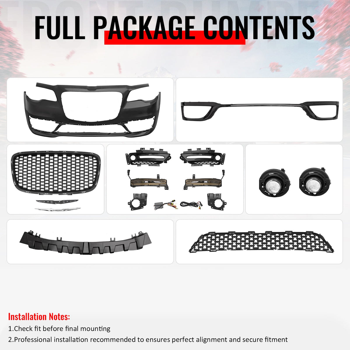2015-2023 Chrysler 300 Sport Style Front Bumper Cover Unpainted Black PP Replacement Conversion with DRL, Fog Light and Matte Black Upper Lower Grille