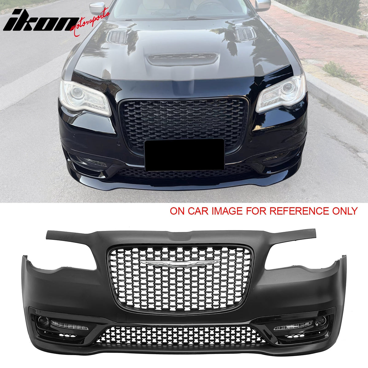 2015-2023 Chrysler 300 Sport Style Front Bumper Cover Unpainted Black PP Replacement Conversion with DRL, Fog Light and Matte Black Upper Lower Grille